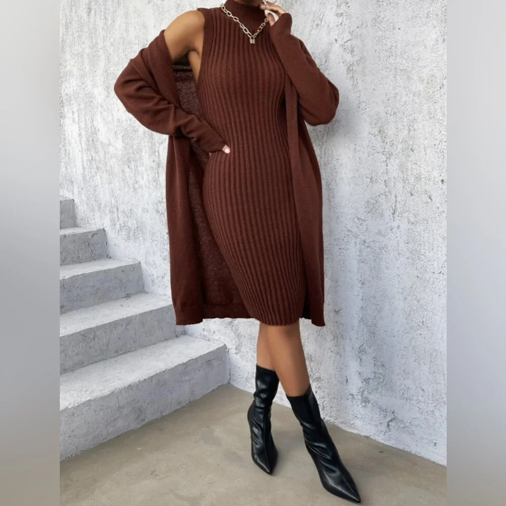 Drop Shoulder Duster Cardigan & Mock Neck Sweater Dress Without Belt - Picture 5 of 7